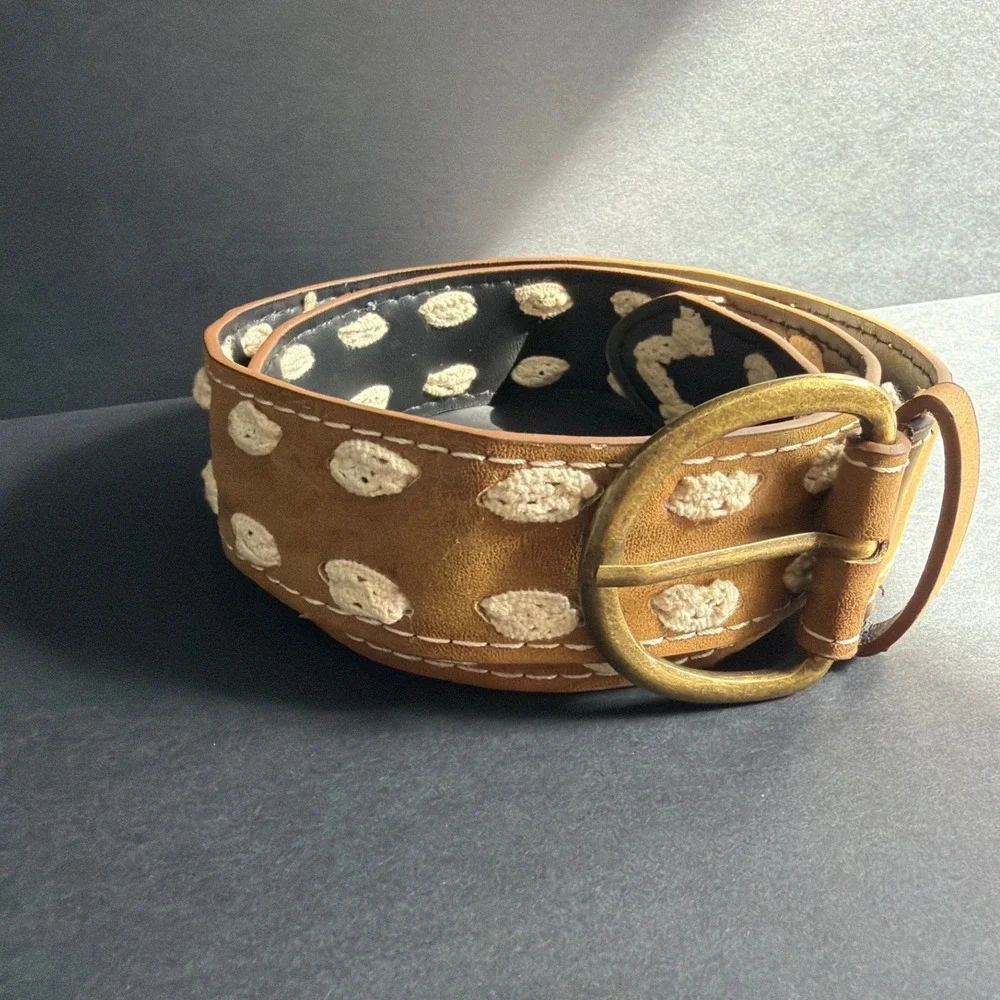 Boho Tan Faux Leather Crochet Polka Dot Wide Belt Brass Buckle Brown Cream